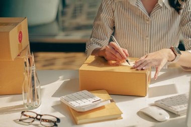 Girişimciler, küçük işletmeler, KOBİ 'ler, evde serbest meslek sahibi olanlar ticari denetimler için akıllı telefonlar ve dizüstü bilgisayarlar kullanın. Çevrimiçi pazar paketleme kutusunda satmak, KOBİ satıcısı, konsept, e-ticaret ekibi çevrimiçi satışlar