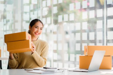 Küçük bir işletme KOBİ işletme sahipleri kurmak, başarılı kadın girişimciler kutularla dizüstü bilgisayarlarla çalışmak ve kutuları hazırlamak için online siparişleri işaretlemek. Müşterilere ve KOBİ iş fikirlerine satış.