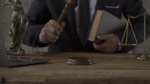 Court Hearing Session Portrait Male Judge Holding Hammer Wooden Board — Video