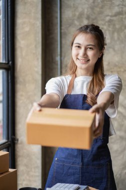 Asyalı bir kadın evde kutu ve dizüstü bilgisayarla çalışıyor KOBİ işi kuruyor, internetten fikir satıyor paket teslimatıyla. dikey resim