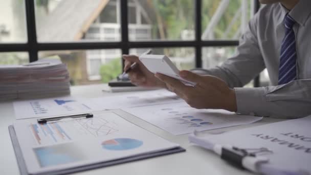 Businessman Working Charts Graphs Desk Analyze Financial Data Show Company — 图库视频影像