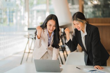 İki genç Asyalı kadın başarıyı kutluyor ya da dizüstü bilgisayarlarla mutlu pozlar veriyor. Birlikte çalışmak. Çeşitlilik. Asyalı kızlar. İş ortakları. Meslektaşım başarıyı, mutluluğu, heyecan verici fikirleri kutla.