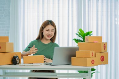 Küçük işletme girişimi, KME, Asyalı kadın girişimcilerin sahibi çevrimiçi satışlar için bir kutu fikir hazırlamak amacıyla online satın alma siparişlerini almak ve kontrol etmek için bir dizüstü bilgisayar kullanın.