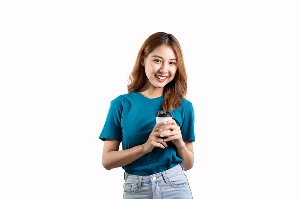 Cute Asian Woman Holding Coffee Cup Smiling Happily Lonely White — Foto Stock