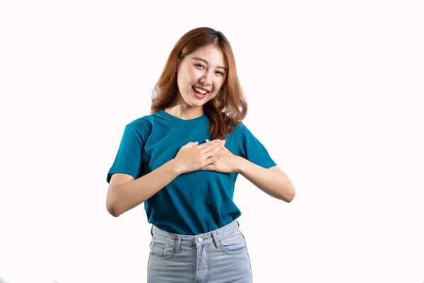 Cheerful Graceful Asian Woman Smiles Happily Makes Various Hand Gestures — Foto Stock
