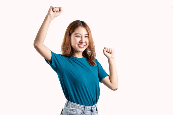 Cheerful Graceful Asian Woman Smiles Happily Makes Various Hand Gestures —  Fotos de Stock