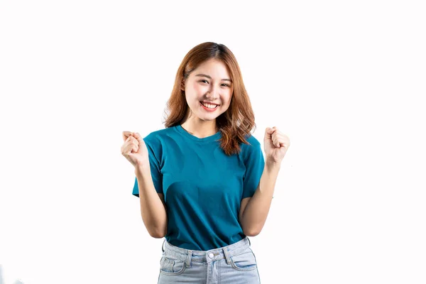 Cheerful Graceful Asian Woman Smiles Happily Makes Various Hand Gestures — Foto Stock