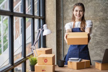 Küçük işletme kuruluşu KME, Asyalı bir bayan girişimcinin sahibi, paketleme kutularını hazırlamak için online siparişleri almak ve kontrol etmek için bir dizüstü bilgisayar kullanıyor. İnternette fikirler satmak, kargo paketleri.