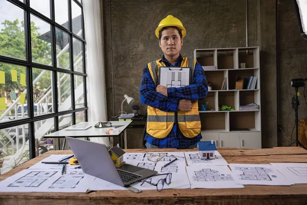 Young Asian Architect Working Blueprints Office Young Engineer Works Using — Stock fotografie