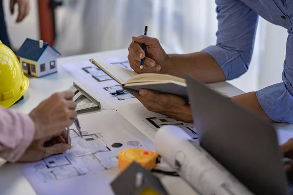 Engineer Architect Team Meeting Helmet House Construction Tool Table Blueprints — Foto de Stock