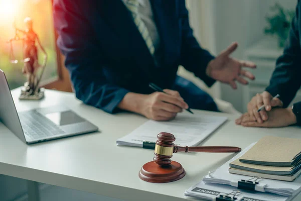 Businessmen Lawyers Discuss Contract Documents Brass Scales Judges Hammers Wooden —  Fotos de Stock