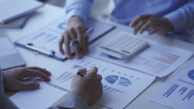 Two businessmen agree on the company budget. Meeting the current business team professional investor Work with a finance manager job. and two colleagues discussing 4k finance