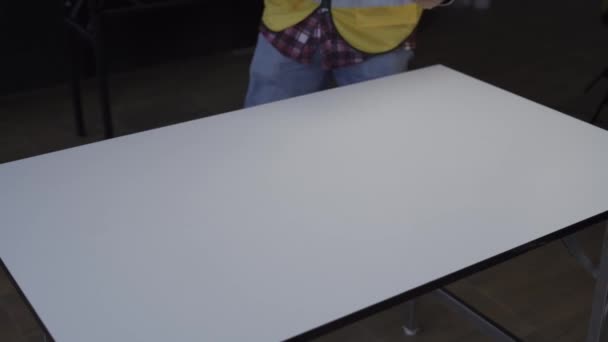 Young Man Holding Blueprints His Desk Designing Building Architecture Ruler — Stock video