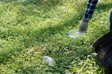 Hand picks up plastic bottles up close with young man volunteering to collect plastic bottles in garbage bags for environmental protection in the ecological forest background. recycling concept
