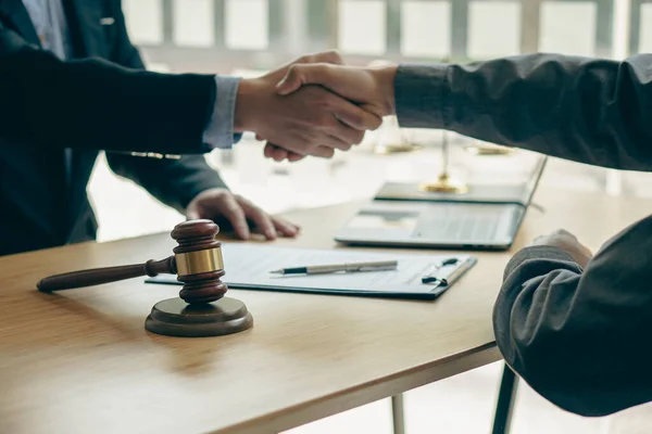 Close View Lawyer Holding Client Hand Making Agreement Signing Contract — Stockfoto