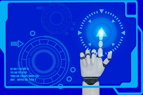 Human Hand Pointing Center Social Network Icons Rendering Wireframe Robot — Stok fotoğraf