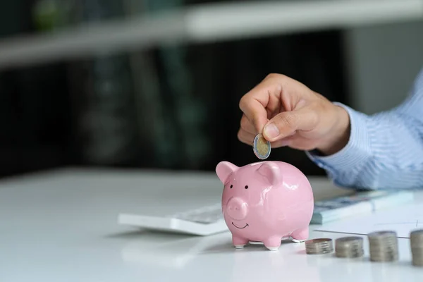 Money Saving Concept Businessman Doing Accounting Work Piggy Bank Piles — ストック写真