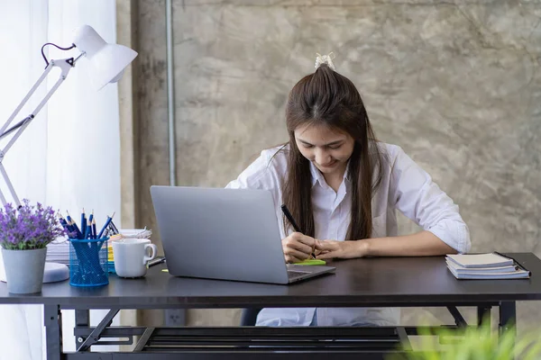 Smiling Asian Woman Working Laptop Computer Her Desk Modern Home — Foto de Stock