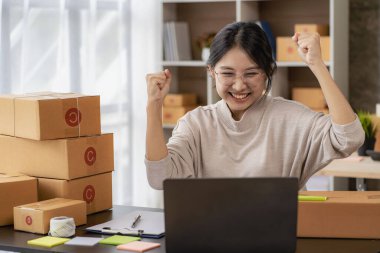 Starting a Successful Small Business Owner Independent Asian female saleswoman using laptop to check and Prepare parcel boxes to send to customers, SME entrepreneurs, online business ideas