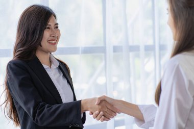 Two young Asian business women shake hands with their coworkers in a meeting, looking at each other.