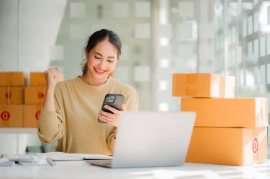 Small business startups, SME owners, Asian women entrepreneurs Successfully working with boxes and checking online orders with a laptop to prepare. Sell to customers. Online SME Business Ideas