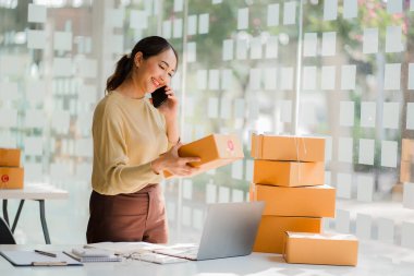 Small business startups, SME owners, Asian women entrepreneurs Successfully working with boxes and checking online orders with a laptop to prepare. Sell to customers. Online SME Business Ideas