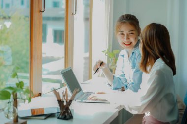 Two Asian women talk, discuss, work on the new start-up project idea. Analyze financial graphs, marketing plans and office investments.