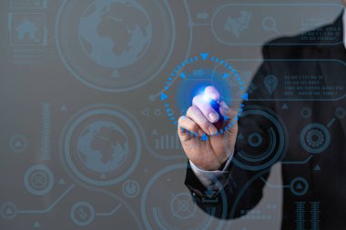 Businessman analyzing sales data and drawing growth graph with customer world network connection icon on virtual interface. business strategy digital marketing