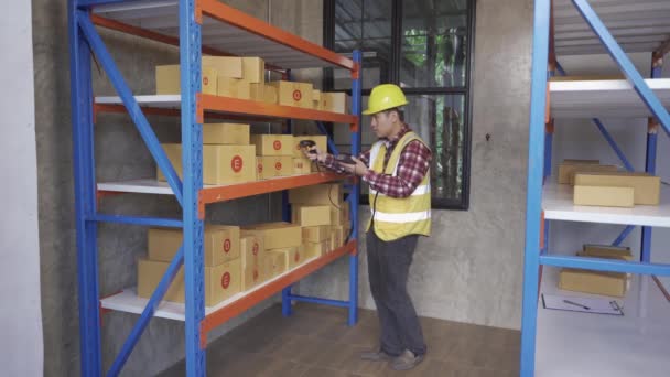 Young Manager Checking Stock Clipboard Warehouse Side View Young Asian — Stock video
