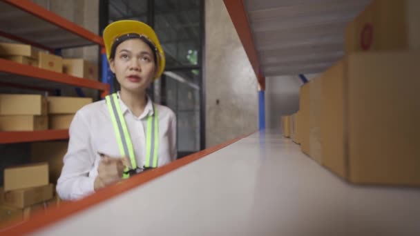 Female Asian Warehouse Worker Checks Inventory Company Warehouse Site Delivery — Stok video