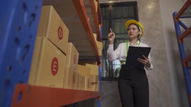 Female Asian Warehouse Worker Checks Inventory Company Warehouse Site Delivery — Stock video