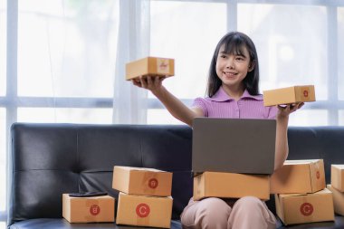 Starting a Small Business, SME Owners, Female Entrepreneurs Use your laptop or smartphone to accept and check online orders to prepare sales box packs for SME customers online business ideas.