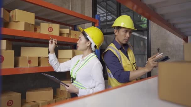 Two Male Female Employees Inspecting Goods Warehouse Delivery — ストック動画