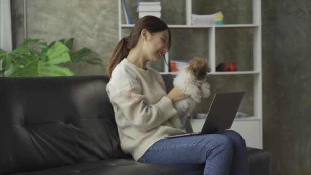 Słodkie Azji Kobieta Siedzi Kanapie Mało Pies — Wideo stockowe