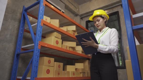 Azjatka Kasku Kamizelce Odblaskowej Kontroluje Towary Materiały Półkach Podkładkami Magazynie — Wideo stockowe