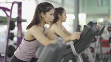 Güçlü ve sağlıklı olmak için kas esnetme egzersizi yapan çekici Asyalı kız spor salonu, egzersiz konsepti..