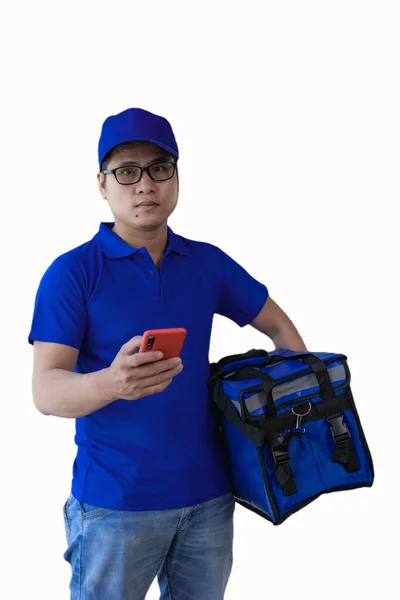 Aziatische Man Blauw Shirt Draagt Bril Met Een Blauwe Tas — Stockfoto