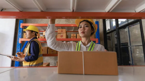 man, woman, asia, helmet, safety, employee, check, order, shelves, shipping, manager, storage, factory, industries, carrying, boxes, logistics, goods, supervisor, engineer delivery concept