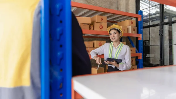 man, woman, asia, helmet, safety, employee, check, order, shelves, shipping, manager, storage, factory, industries, carrying, boxes, logistics, goods, supervisor, engineer delivery concept