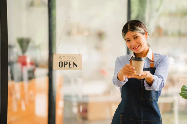 Asian Women Set Sign Open Shop Welcome Customers Coffee Shop — Stock Photo, Image