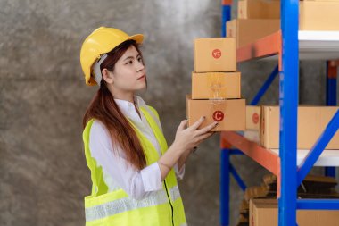 Asyalı kadın çevrimiçi satıcılar müşterilere göndermeden önce stok ve stokları kontrol ederler. Bir ecommerce işletmesi sahibi bir depoda çalışıyor..