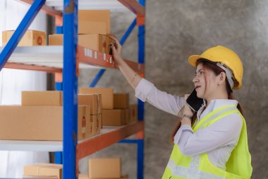 Asyalı kadın çevrimiçi satıcılar müşterilere göndermeden önce stok ve stokları kontrol ederler. Bir ecommerce işletmesi sahibi bir depoda çalışıyor..