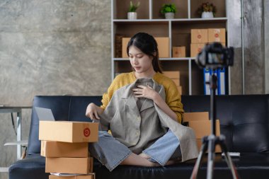 Asyalı bir kadın evinde kanepesinde oturmuş, bilgisayarı kutusuyla, başarılı Asyalı kadın elini kaldırmış, online pazarlama ambalaj ve teslimat kutusu, KME konsepti,