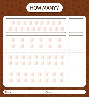 Marshmallow 'la kaç tane sayma oyunu. Anaokulu öğrencilerinin çalışma listesi, çocukların faaliyet listesi.