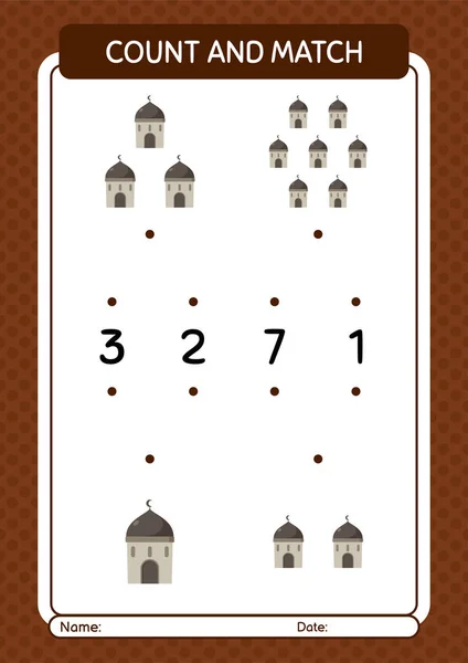 Compter Match Jeu Avec Mosquée Feuille Travail Pour Enfants Âge — Image vectorielle
