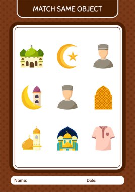 Aynı nesne oyunu ramazan simgesi ile eşleştir. Anaokulu öğrencilerinin çalışma listesi, çocukların faaliyet listesi.