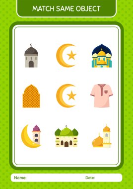 Aynı nesne oyunu ramazan simgesi ile eşleştir. Anaokulu öğrencilerinin çalışma listesi, çocukların faaliyet listesi.