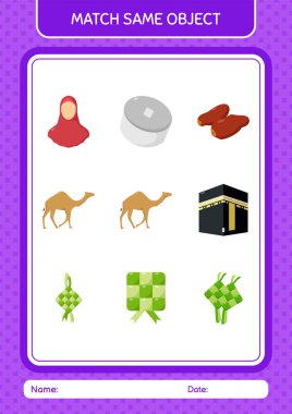 Aynı nesne oyunu ramazan simgesi ile eşleştir. Anaokulu öğrencilerinin çalışma listesi, çocukların faaliyet listesi.