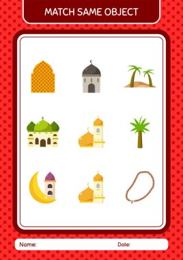Aynı nesne oyunu ramazan simgesi ile eşleştir. Anaokulu öğrencilerinin çalışma listesi, çocukların faaliyet listesi.