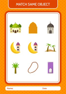 Aynı nesne oyunu ramazan simgesi ile eşleştir. Anaokulu öğrencilerinin çalışma listesi, çocukların faaliyet listesi.